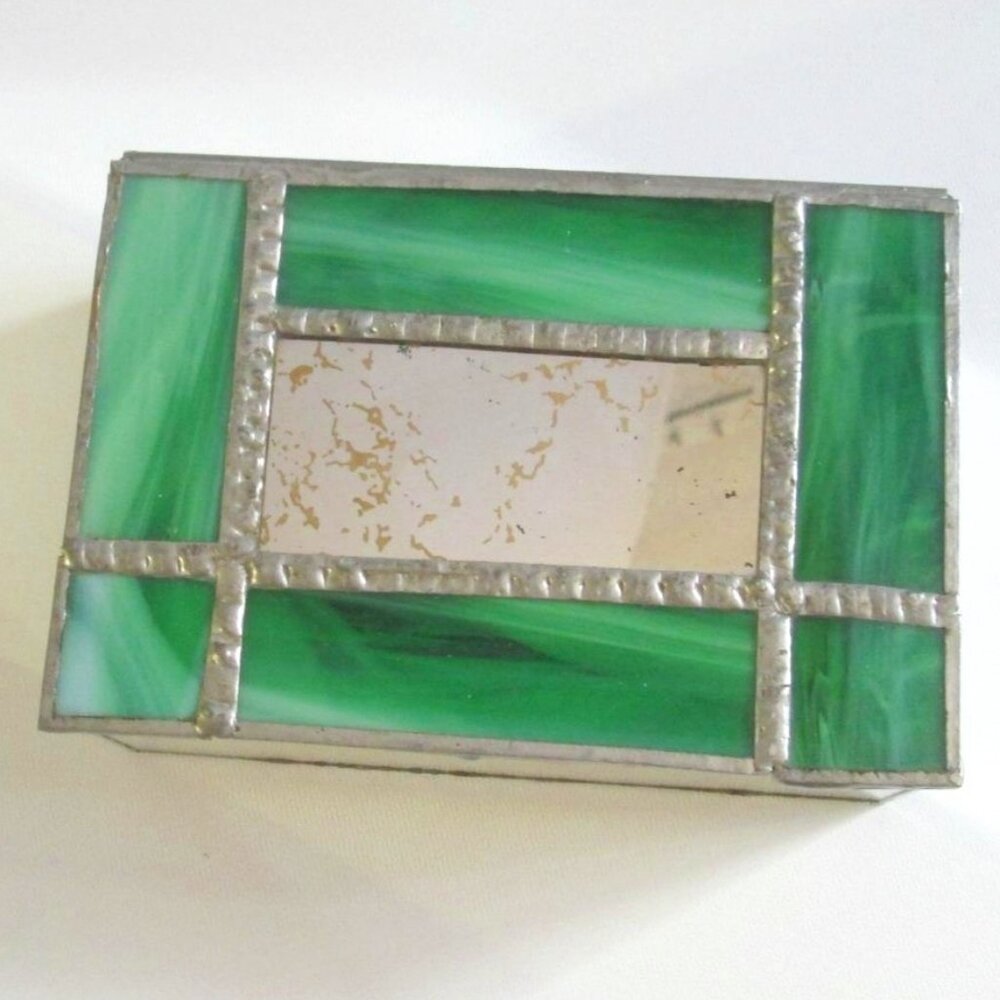 Vintage Handmade Slag Glass Trinket Box Mirror Sides Jewelry Box Green Swirl